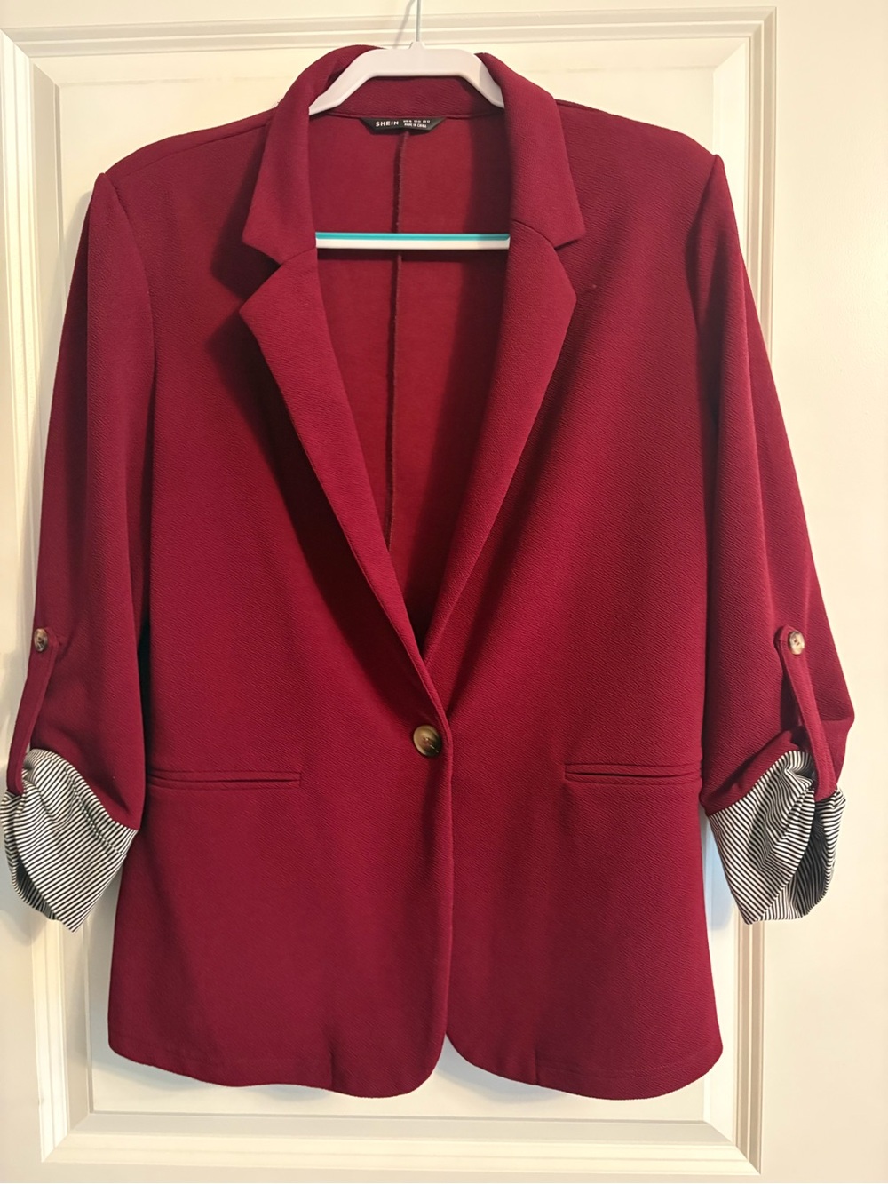 SHEIN Burgundy Single-Button Blazer with Stripe-Cuff Detail
